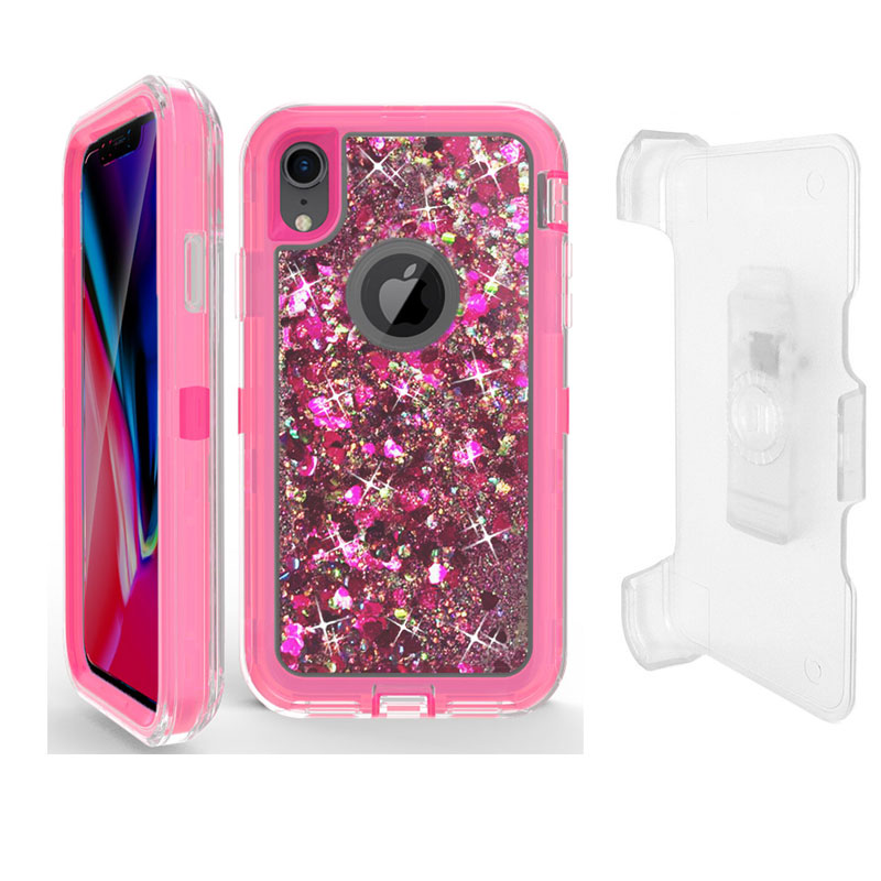 iPHONE Xr 6.1in Star Dust Clear Liquid Armor Robot Case with Clip (Hot Pink)